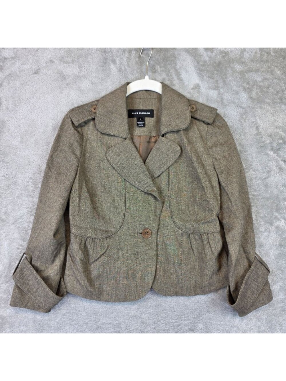 Club Monaco Blazer Jacket Womens 0 Brown Tweed Peplum Button Front Short Lined